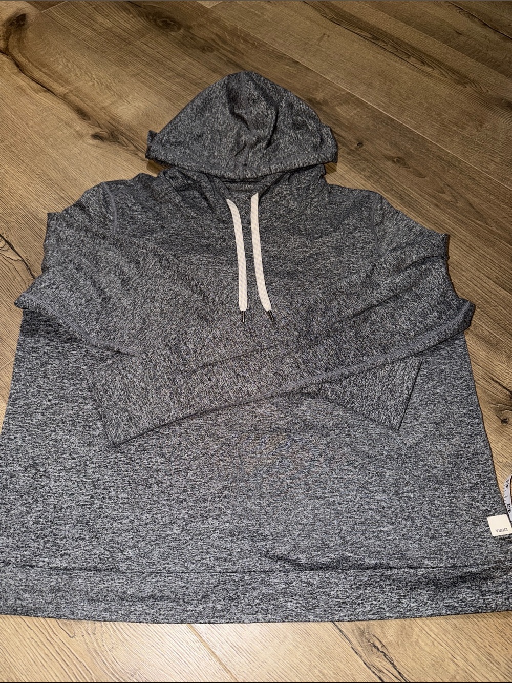 Vuori Women's Heather Gray Pullover Hoodie with White Drawstrings
